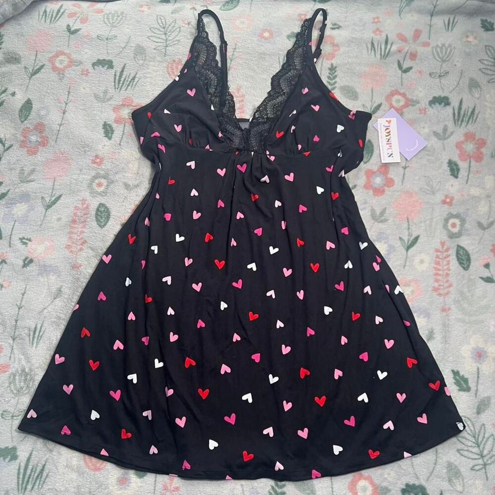 Heart Pattern Black Lace Babydoll Dress L - Y2K Coquette Grunge Goth Whimsigoth